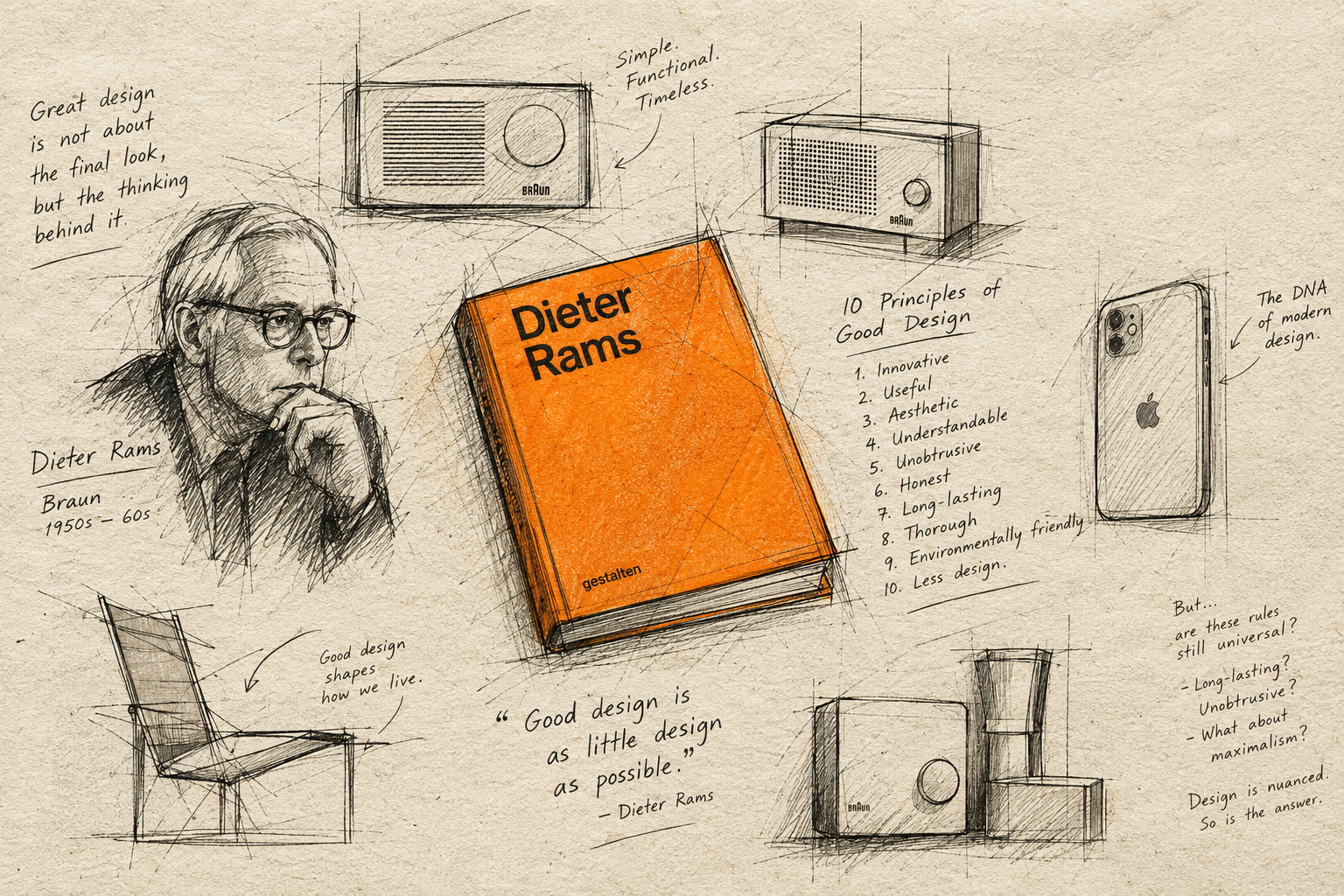 A bright orange Dieter Rams design book resting on a modern coffee table in a minimalist architecture studio.